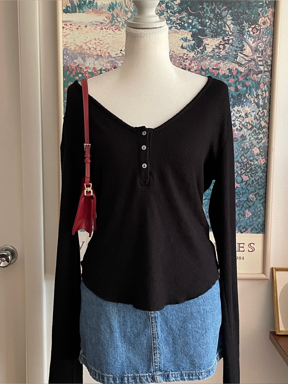 Free People Henley Top Large Black Knit Slouchy Layering Minimalist Casual Elena